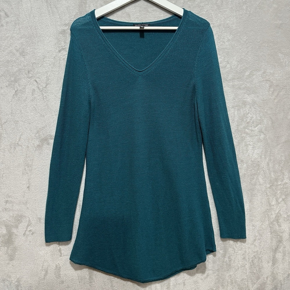 Eileen Fisher Women's Teal Blue 100% Merino Wool V-neck Pullover Sweater Size‎ M